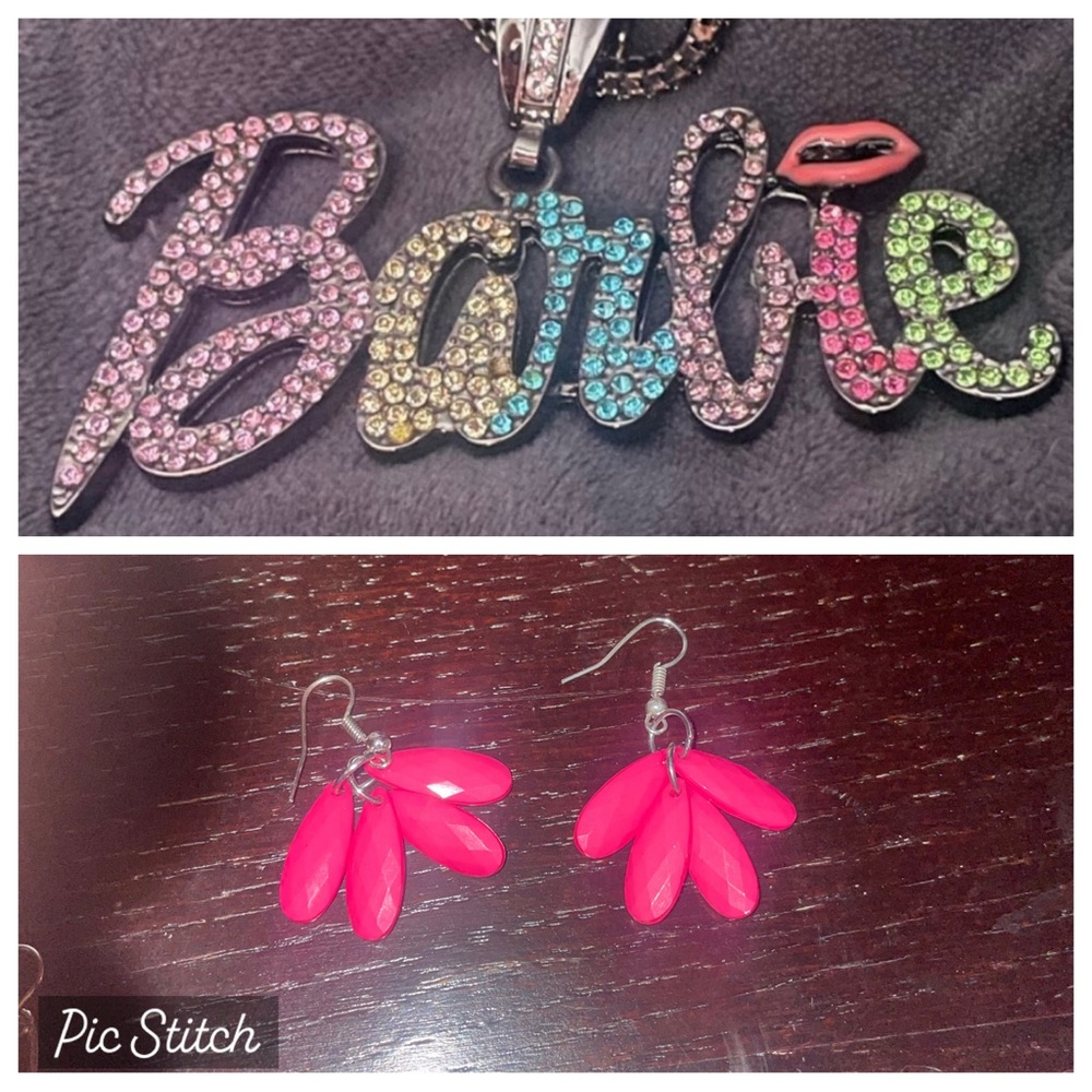 Large colorful crystal gun metal Barbie necklace & pink earrings